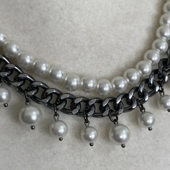 Edgy Pearl and Gunmetal Chain Fringe Sophisticated Bohemian Necklace